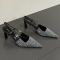 LOUIS VUITTON HIGH SLINGBACKS POINTED-TOE IN BLACK LAMBSKIN WITH SILVER CRYSTALS