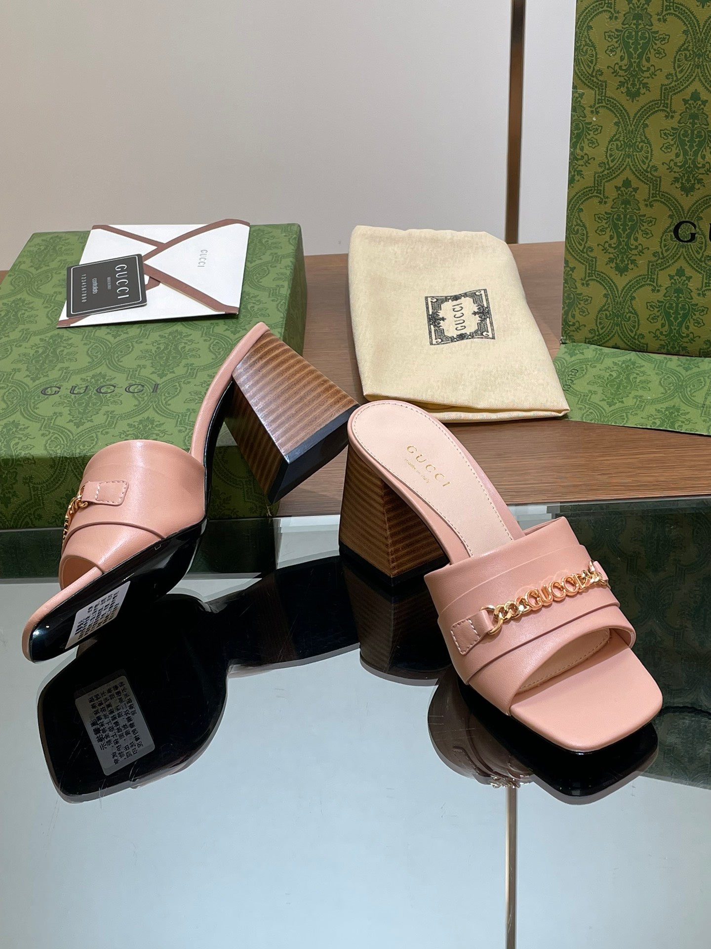 GUCCI SIGNORIA SLIDE SANDAL PASTEL PINK DENIM