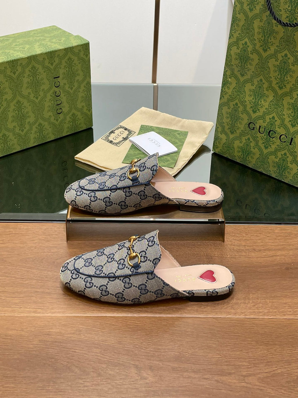 GUCCI PRINCETOWN MULES LIGHT GRAY FABRIC