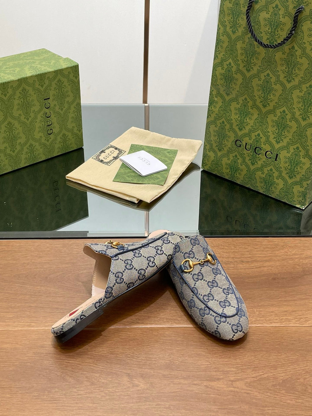 GUCCI PRINCETOWN MULES LIGHT GRAY FABRIC