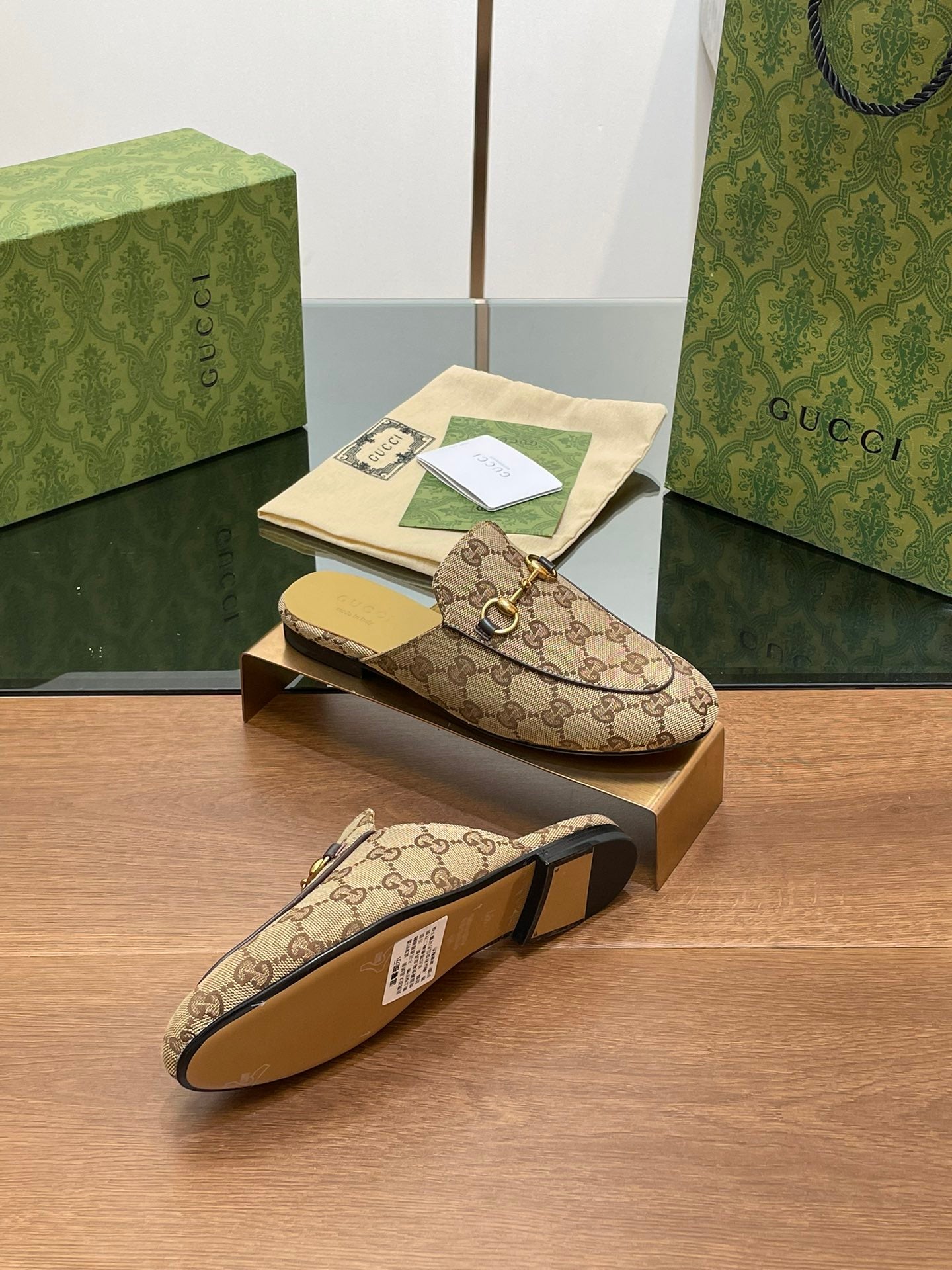 GUCCI PRINCETOWN MULES LIGHT BROWN FABRIC