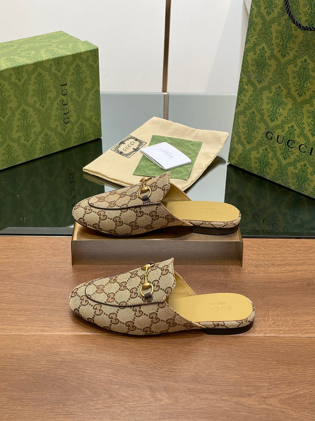 GUCCI PRINCETOWN MULES LIGHT BROWN FABRIC
