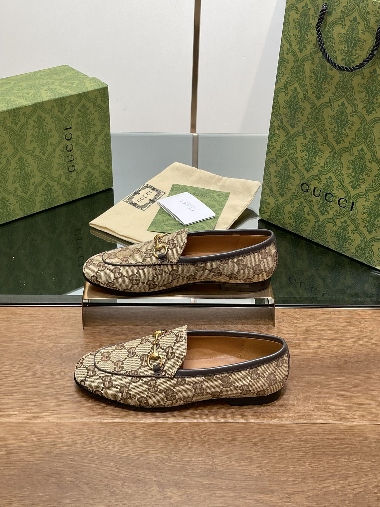 GUCCI JORDAAN LOAFER LIGHT BROWN WOVEN FABRIC