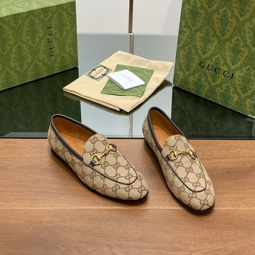 GUCCI JORDAAN LOAFER LIGHT BROWN WOVEN FABRIC