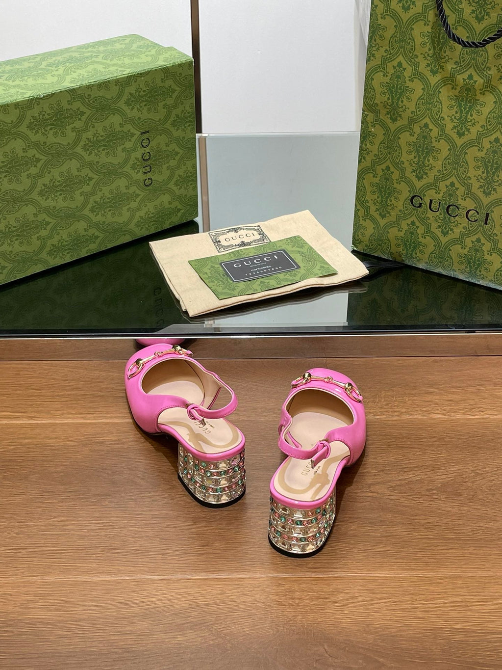 GUCCI WOMEN'S HORSEBIT SLINGBACK 55MM IN FUSCIA PINK CALFSKIN WITH RHINSTONES