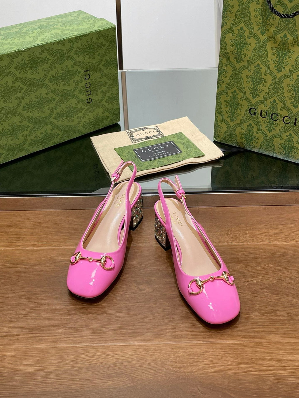 GUCCI WOMEN'S HORSEBIT SLINGBACK 55MM IN FUSCIA PINK CALFSKIN WITH RHINSTONES