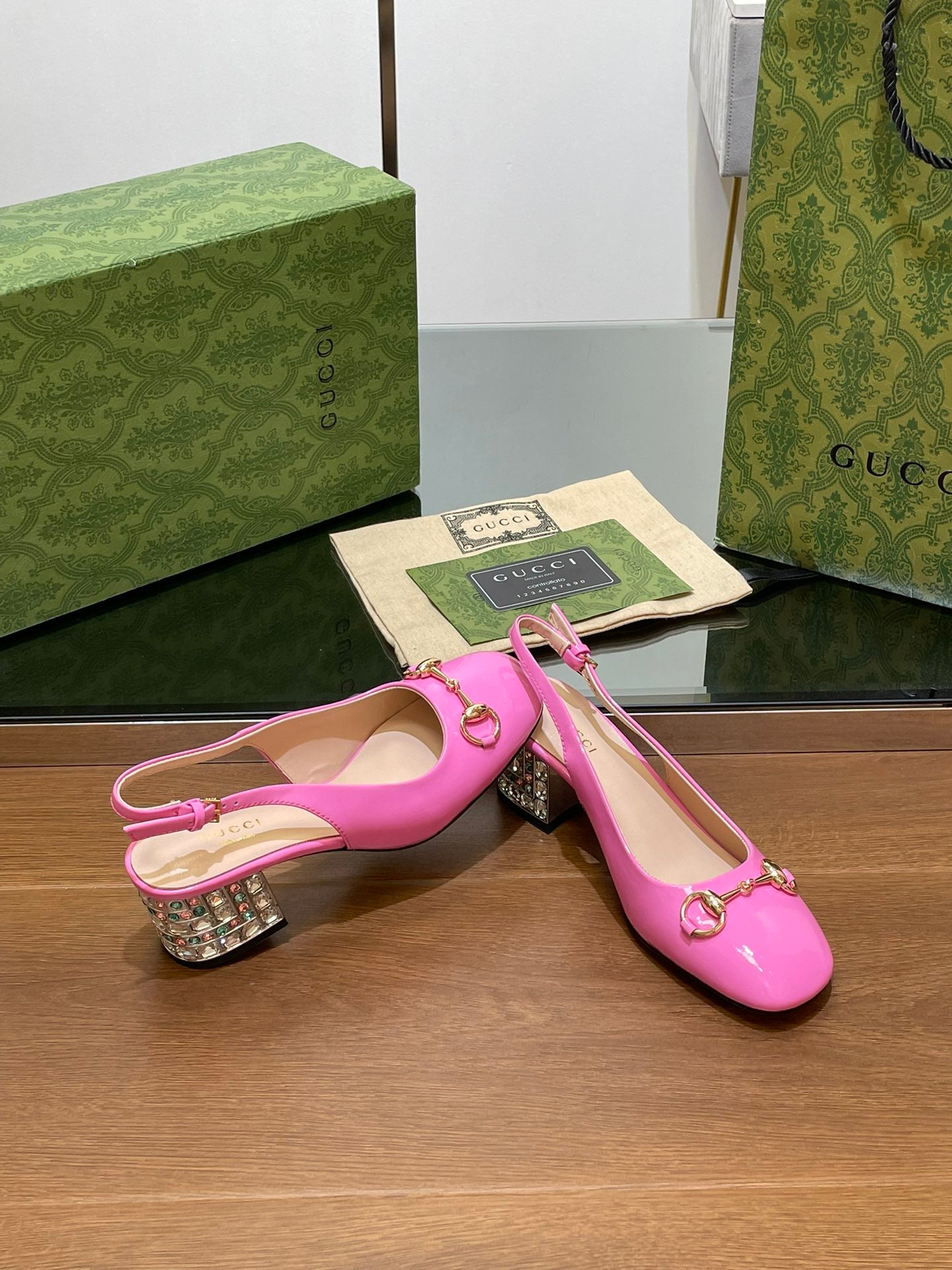 GUCCI WOMEN'S HORSEBIT SLINGBACK 55MM IN FUSCIA PINK CALFSKIN WITH RHINSTONES