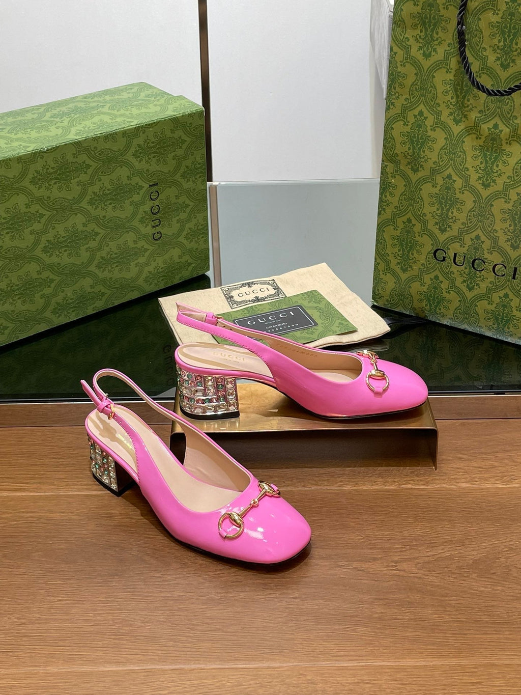 GUCCI WOMEN'S HORSEBIT SLINGBACK 55MM IN FUSCIA PINK CALFSKIN WITH RHINSTONES