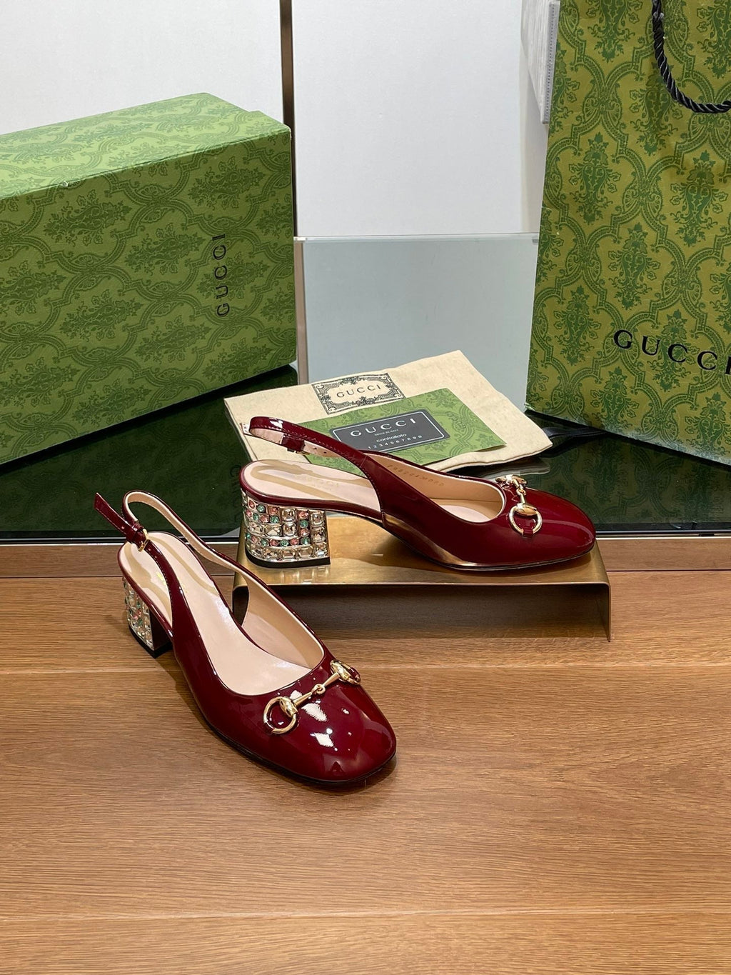GUCCI WOMEN'S HORSEBIT SLINGBACK 55MM IN WINE RED CALFSKIN WITH RHINSTONES