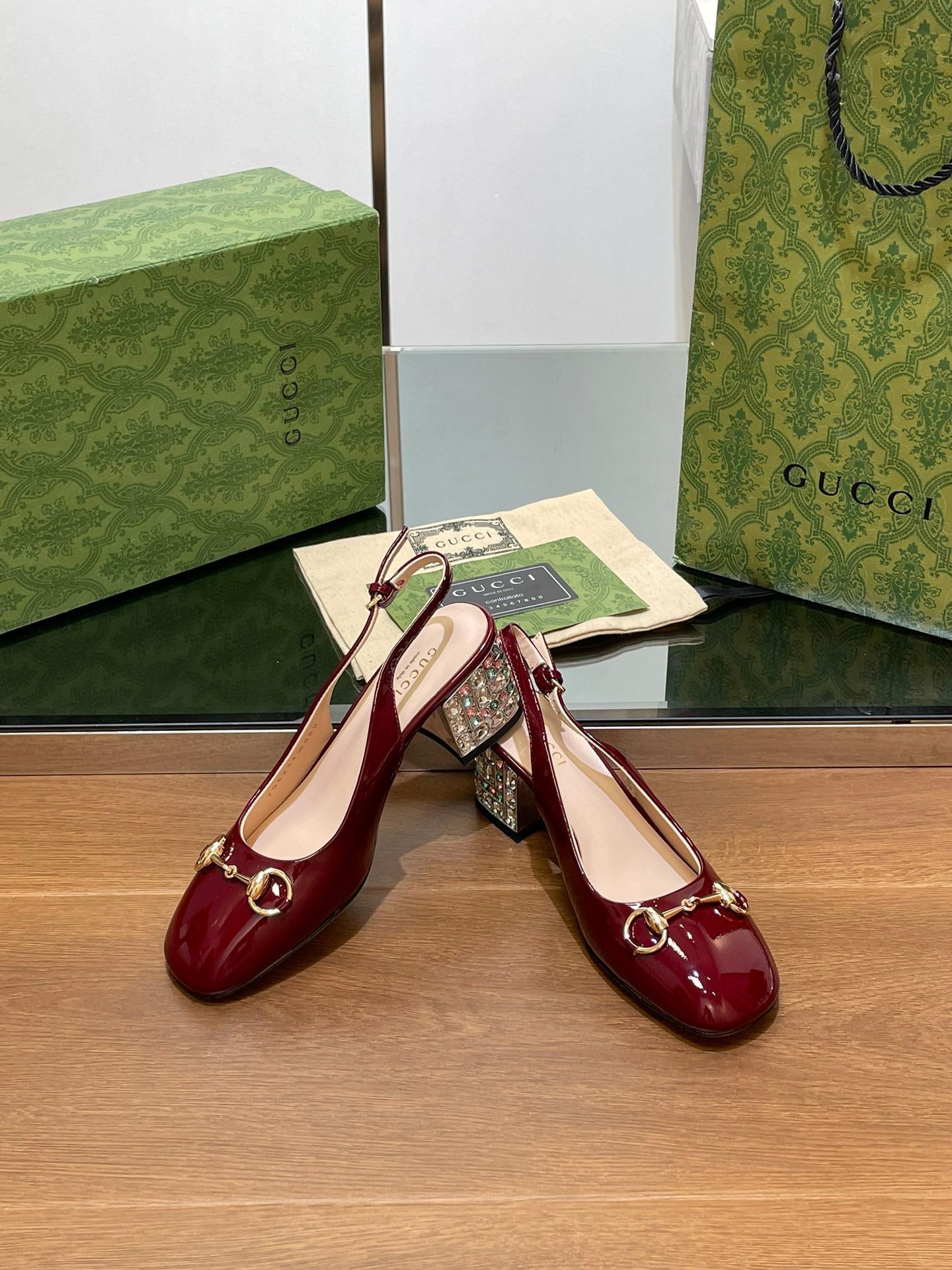 GUCCI WOMEN'S HORSEBIT SLINGBACK 55MM IN WINE RED CALFSKIN WITH RHINSTONES