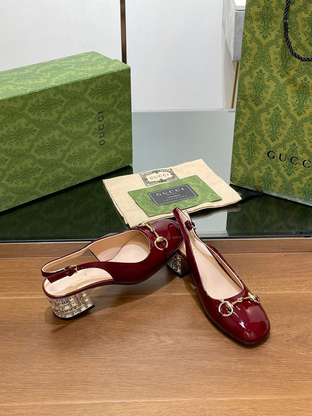 GUCCI WOMEN'S HORSEBIT SLINGBACK 55MM IN WINE RED CALFSKIN WITH RHINSTONES