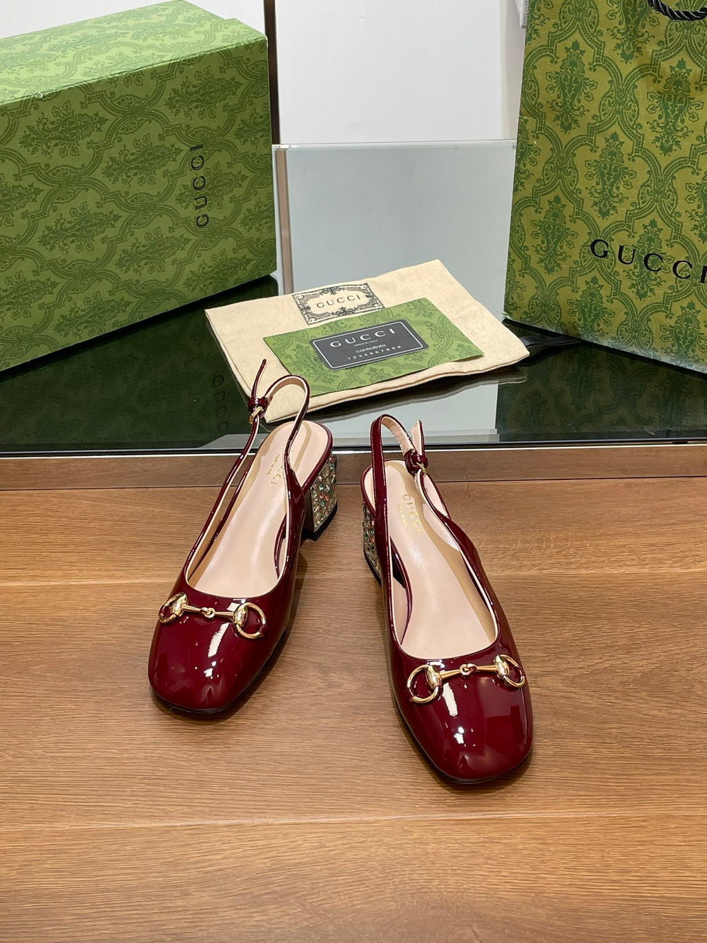 GUCCI WOMEN'S HORSEBIT SLINGBACK 55MM IN WINE RED CALFSKIN WITH RHINSTONES