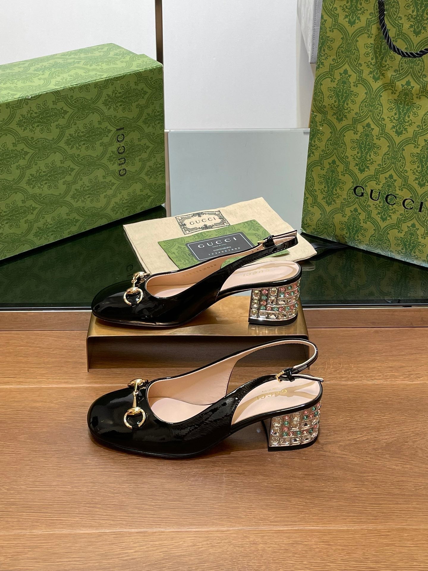 GUCCI WOMEN'S HORSEBIT SLINGBACK 55MM IN BLACK CALFSKIN WITH RHINSTONES