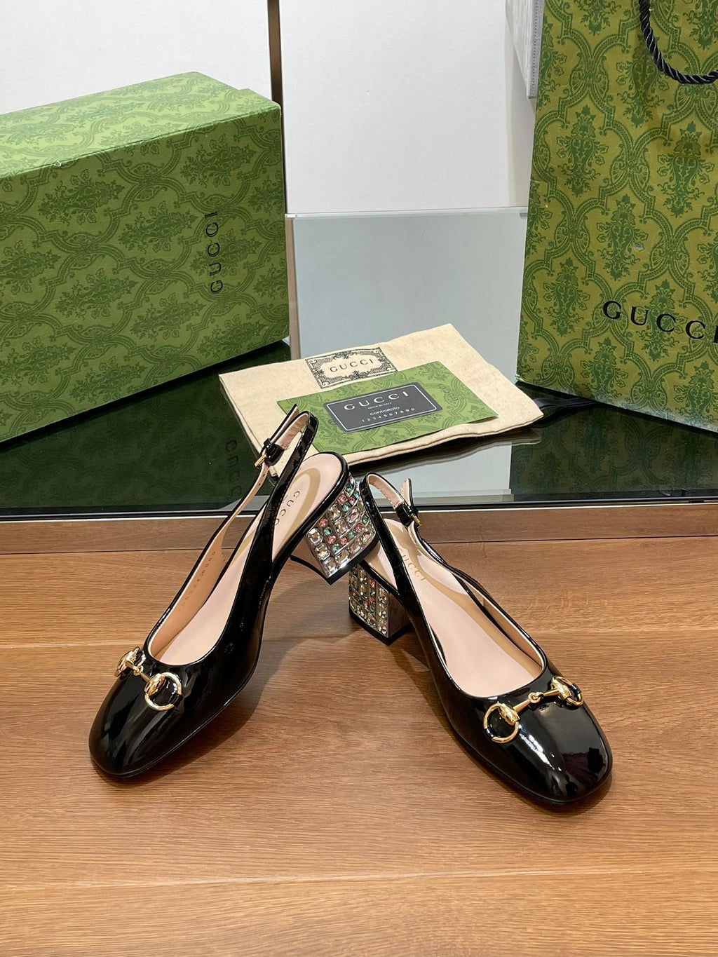 GUCCI WOMEN'S HORSEBIT SLINGBACK 55MM IN BLACK CALFSKIN WITH RHINSTONES