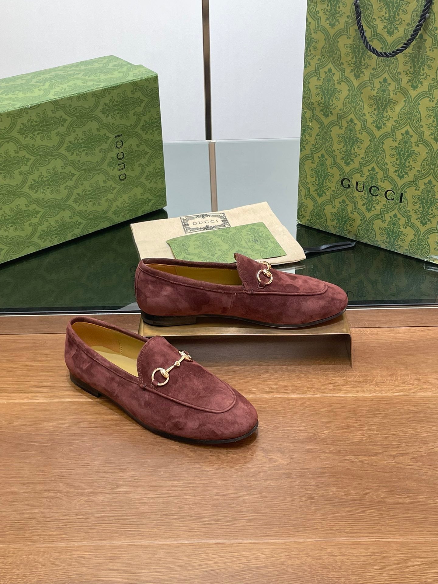 GUCCI HORSEBIT LOAFER IN UMBER BROWN SUEDE WITH GOLD HARDWARE