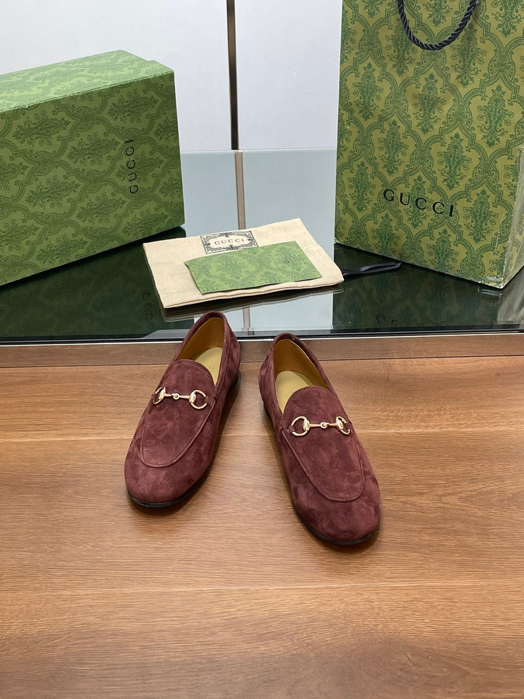 GUCCI HORSEBIT LOAFER IN UMBER BROWN SUEDE WITH GOLD HARDWARE