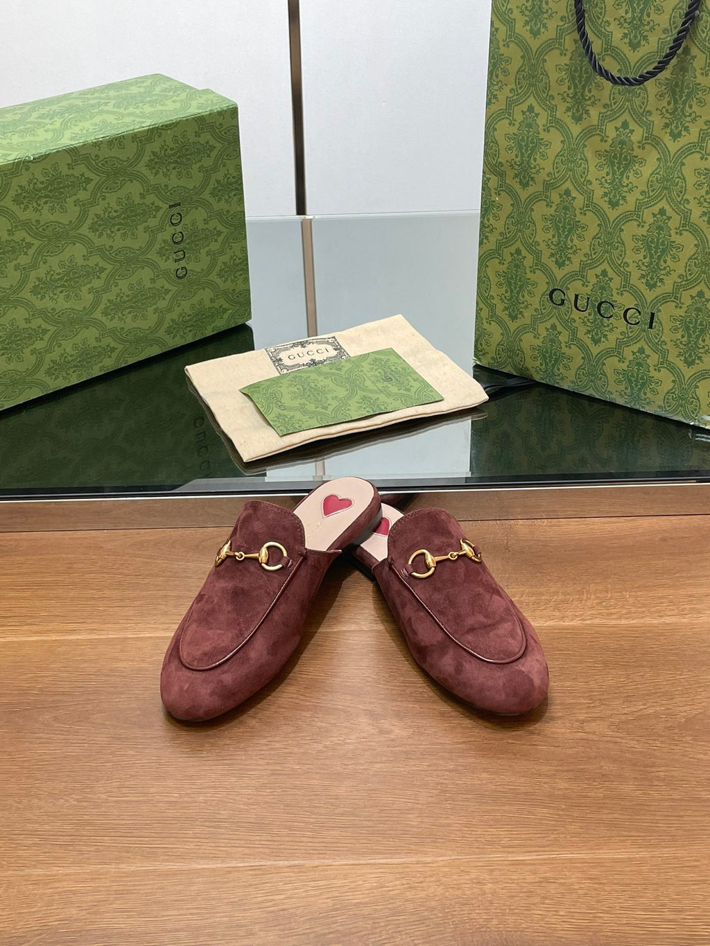 GUCCI HORSEBIT MULE IN UMBER BROWN SUEDE WITH GOLD HARDWARE