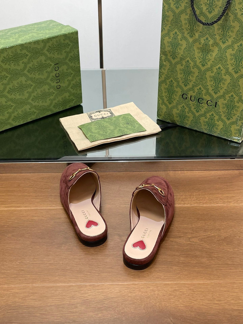 GUCCI HORSEBIT MULE IN UMBER BROWN SUEDE WITH GOLD HARDWARE