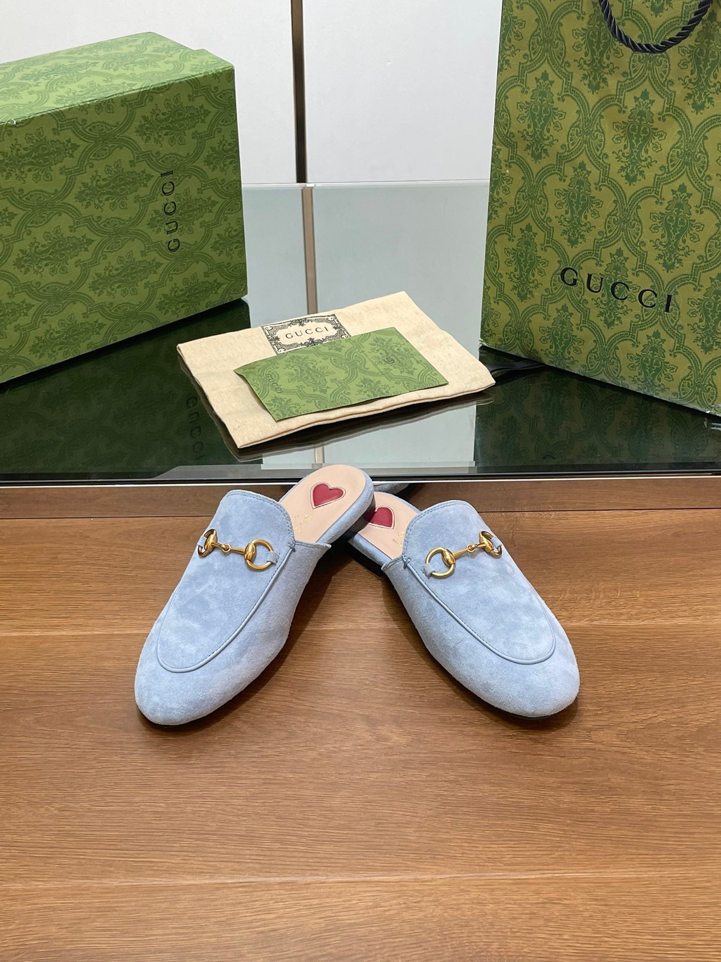 GUCCI HORSEBIT MULE IN LIGHT BLUE SUEDE WITH GOLD HARDWARE