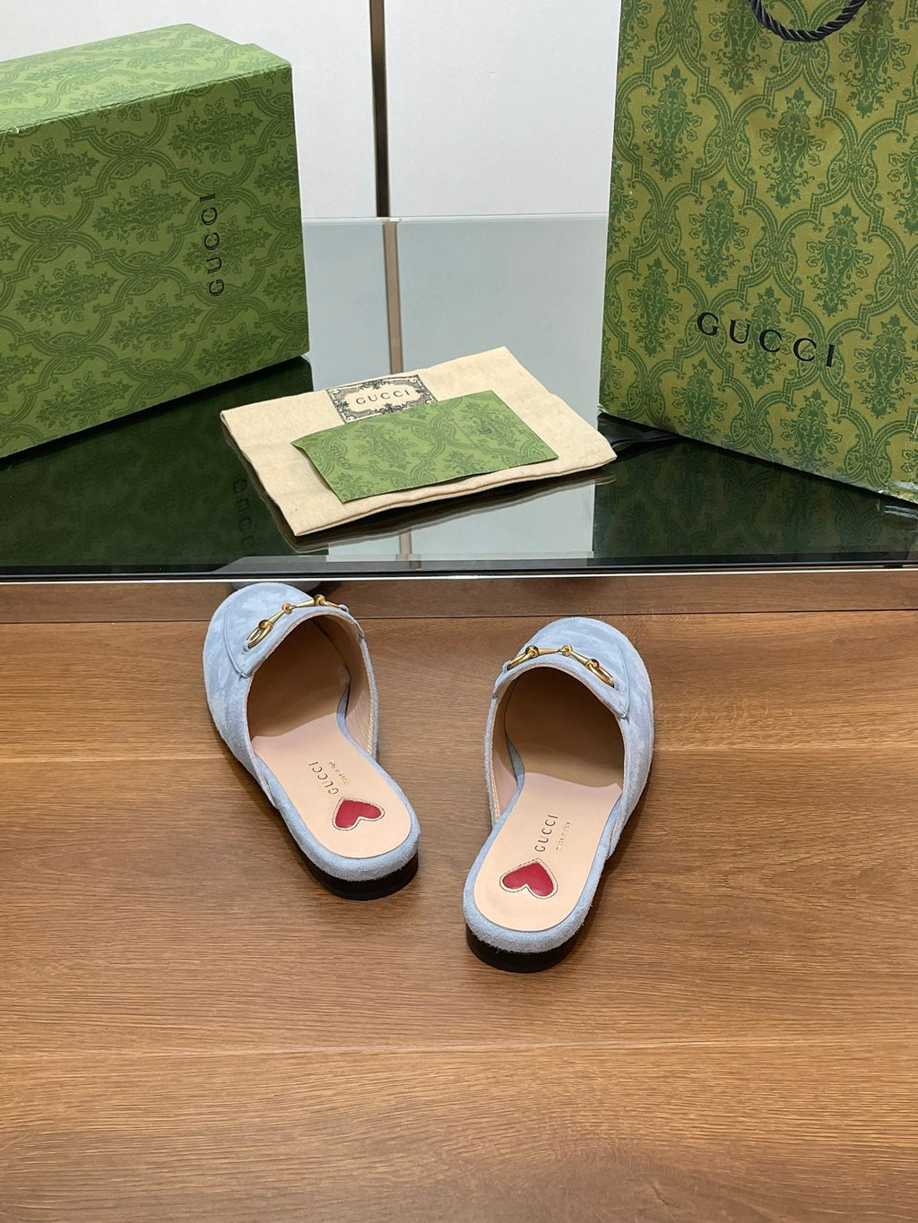 GUCCI HORSEBIT MULE IN LIGHT BLUE SUEDE WITH GOLD HARDWARE