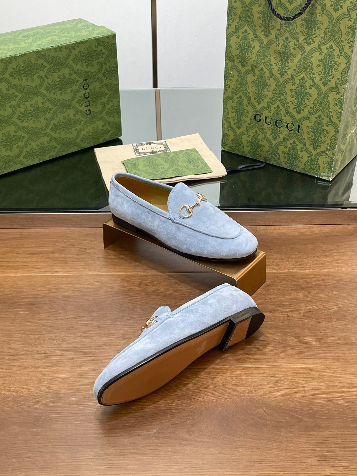 GUCCI HORSEBIT LOAFER IN LIGHT BLUE SUEDE WITH GOLD HARDWARE