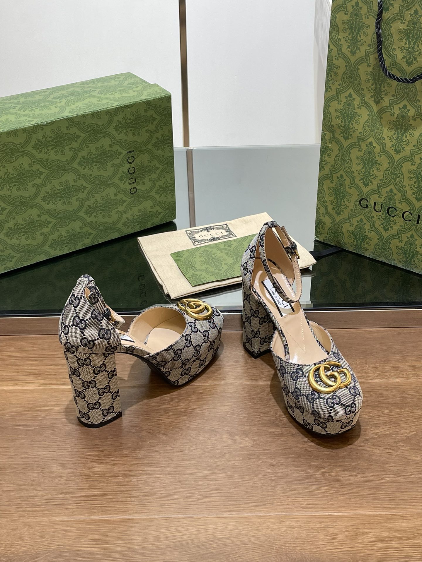 GUCCI HIGH SANDAL 11.5 CM IN BLACK MIX BEIGE MONOGRAM JACQUARD FABRIC