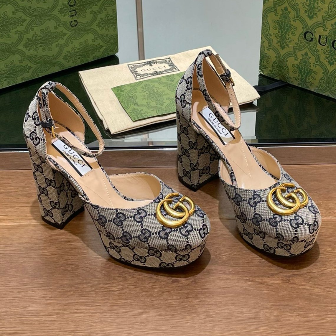 GUCCI HIGH SANDAL 11.5 CM IN BLACK MIX BEIGE MONOGRAM JACQUARD FABRIC