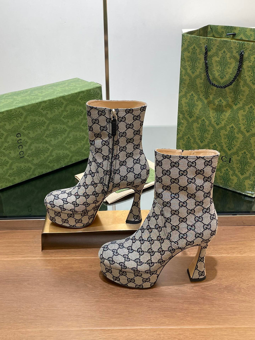 GUCCI SHORT BOOTS 11.5 CM IN BLACK MIX BEIGE MONOGRAM JACQUARD FABRIC