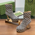 GUCCI SHORT BOOTS 11.5 CM IN BLACK MIX BEIGE MONOGRAM JACQUARD FABRIC
