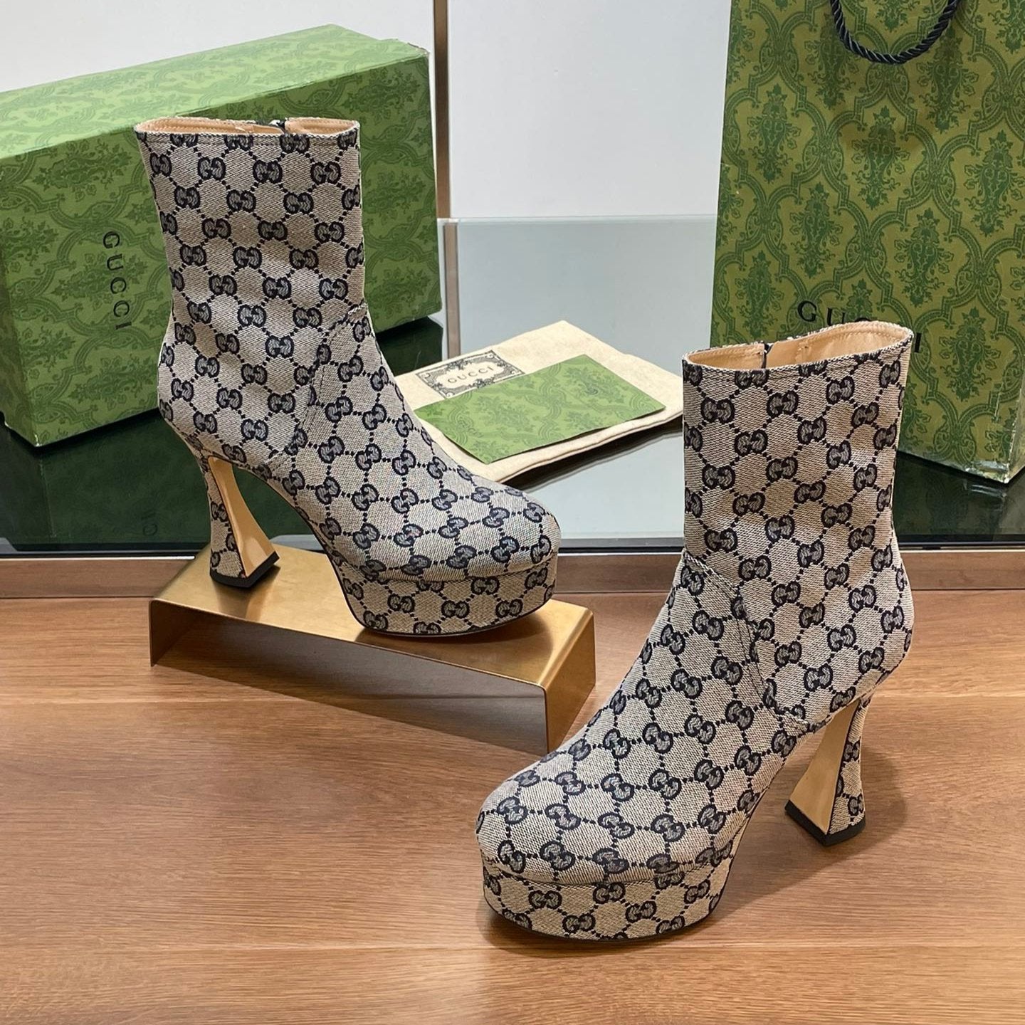 GUCCI SHORT BOOTS 11.5 CM IN BLACK MIX BEIGE MONOGRAM JACQUARD FABRIC