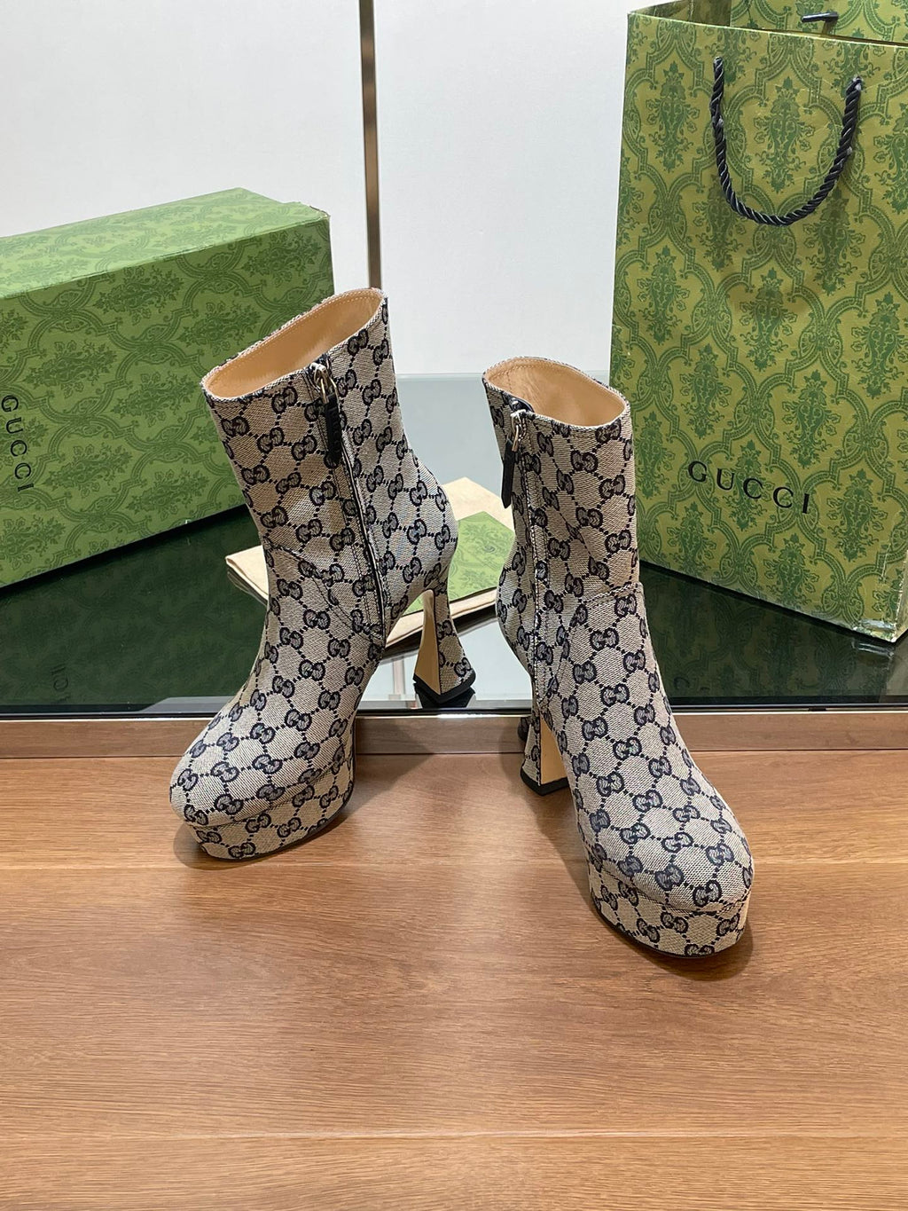 GUCCI SHORT BOOTS 11.5 CM IN BLACK MIX BEIGE MONOGRAM JACQUARD FABRIC