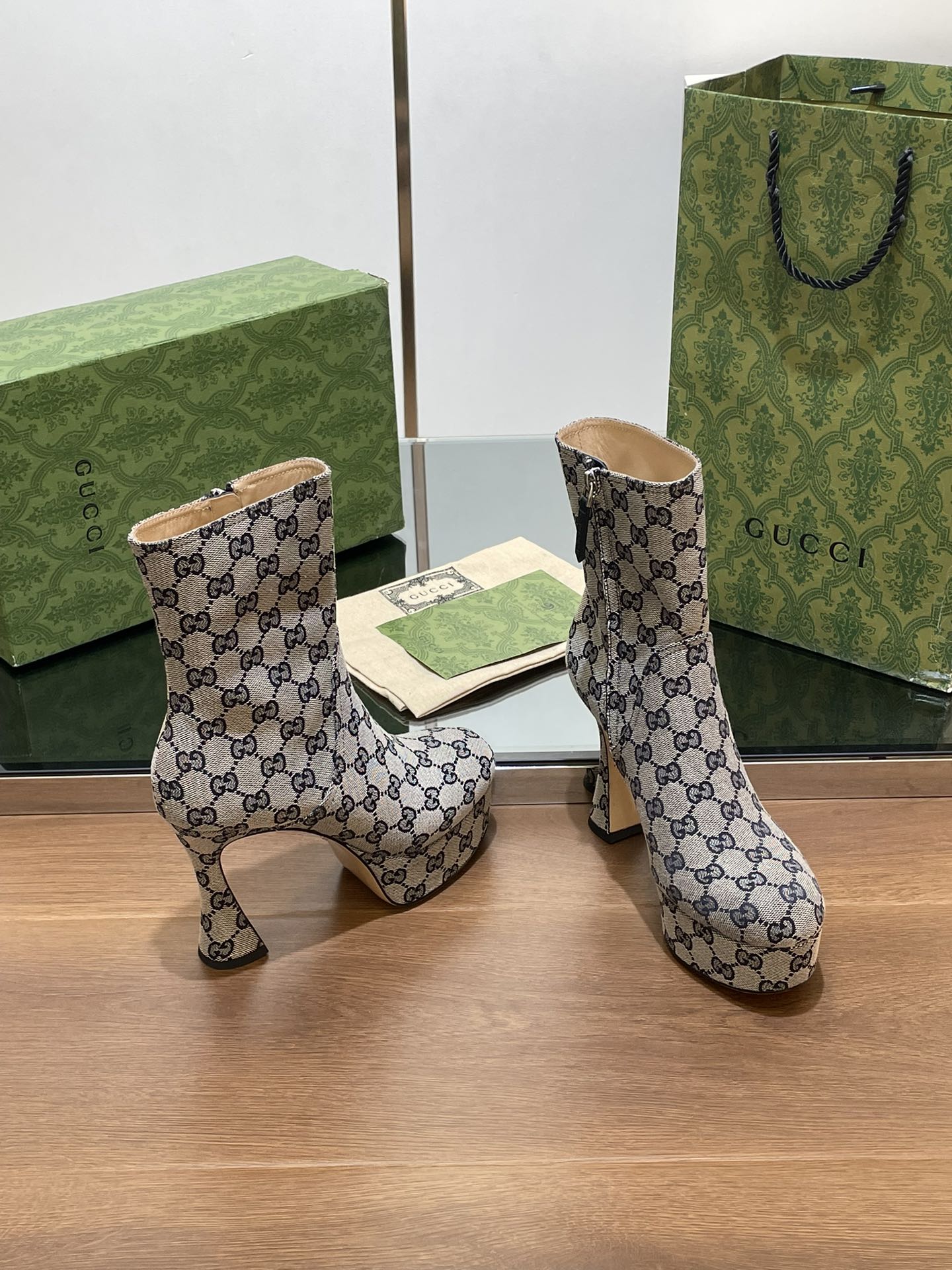 GUCCI SHORT BOOTS 11.5 CM IN BLACK MIX BEIGE MONOGRAM JACQUARD FABRIC