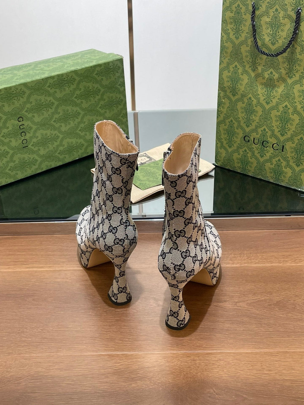 GUCCI SHORT BOOTS 11.5 CM IN BLACK MIX BEIGE MONOGRAM JACQUARD FABRIC