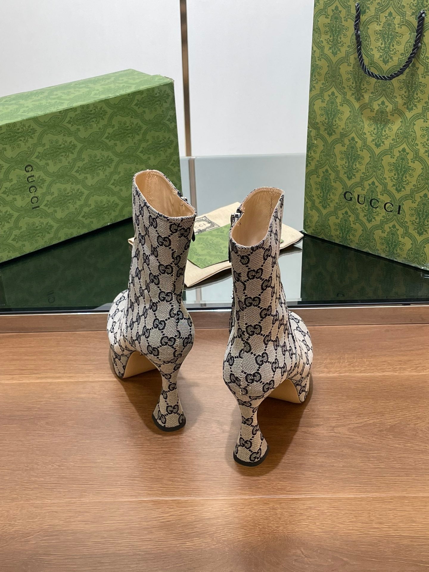 GUCCI SHORT BOOTS 11.5 CM IN BLACK MIX BEIGE MONOGRAM JACQUARD FABRIC
