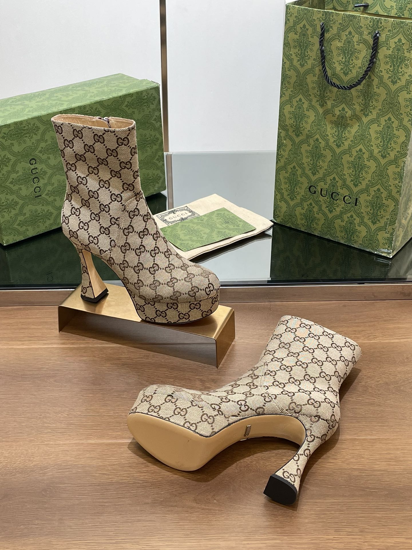 GUCCI SHORT BOOTS 11.5 CM IN CAMEL BROWN MONOGRAM JACQUARD FABRIC