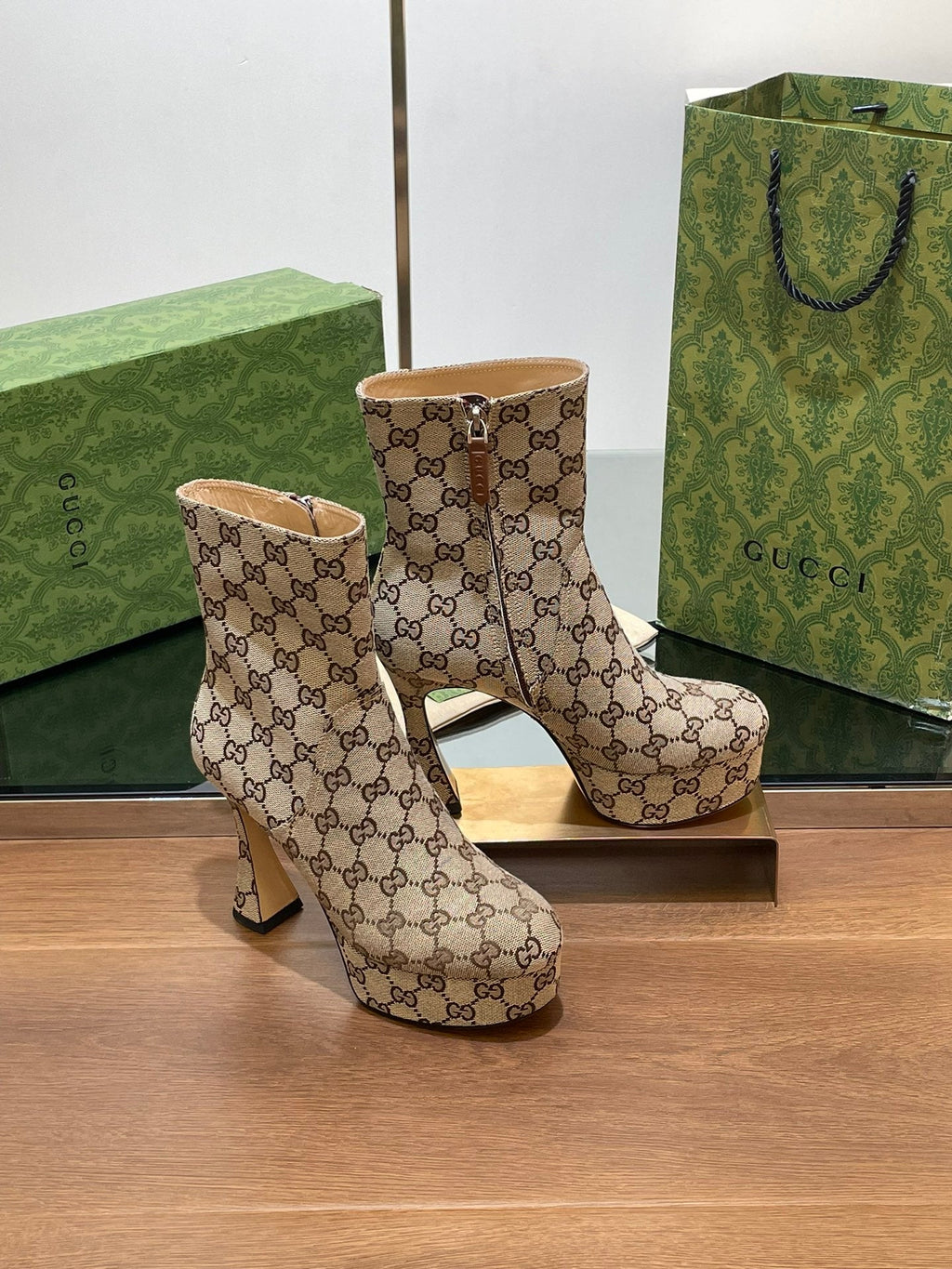 GUCCI SHORT BOOTS 11.5 CM IN CAMEL BROWN MONOGRAM JACQUARD FABRIC