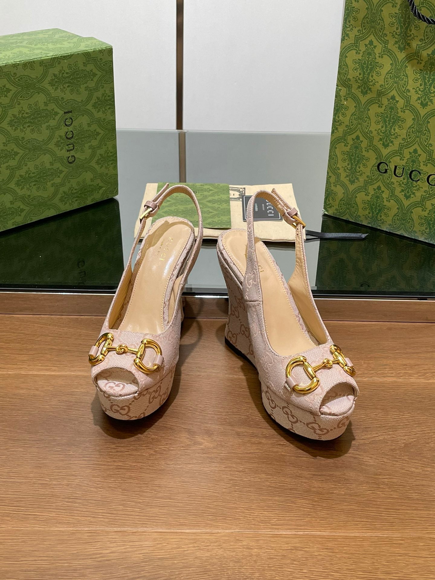 GUCCI WEDGE PLATFORM IN ALMOND BEIGE MONOGRAM JACQUARD FABRIC