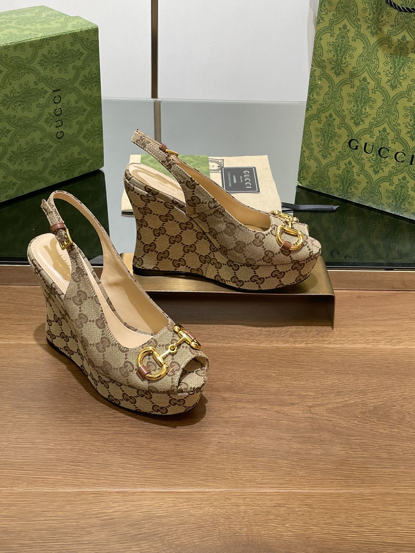 GUCCI WEDGE PLATFORM IN CAMEL BROWN MONOGRAM JACQUARD FABRIC