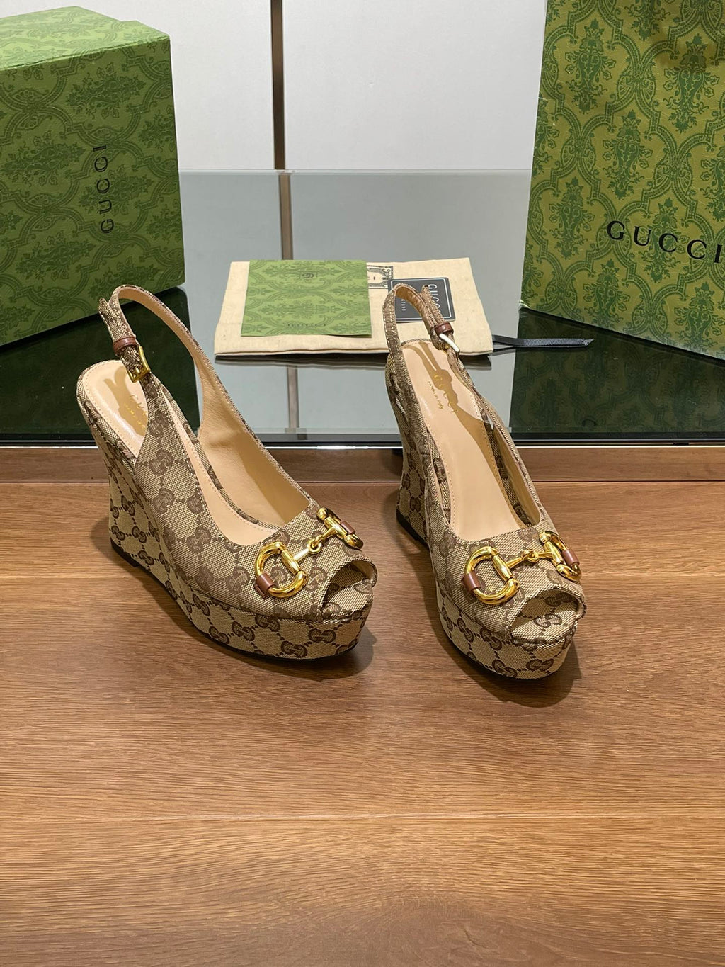 GUCCI WEDGE PLATFORM IN CAMEL BROWN MONOGRAM JACQUARD FABRIC