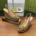GUCCI WEDGE PLATFORM IN CAMEL BROWN MONOGRAM JACQUARD FABRIC