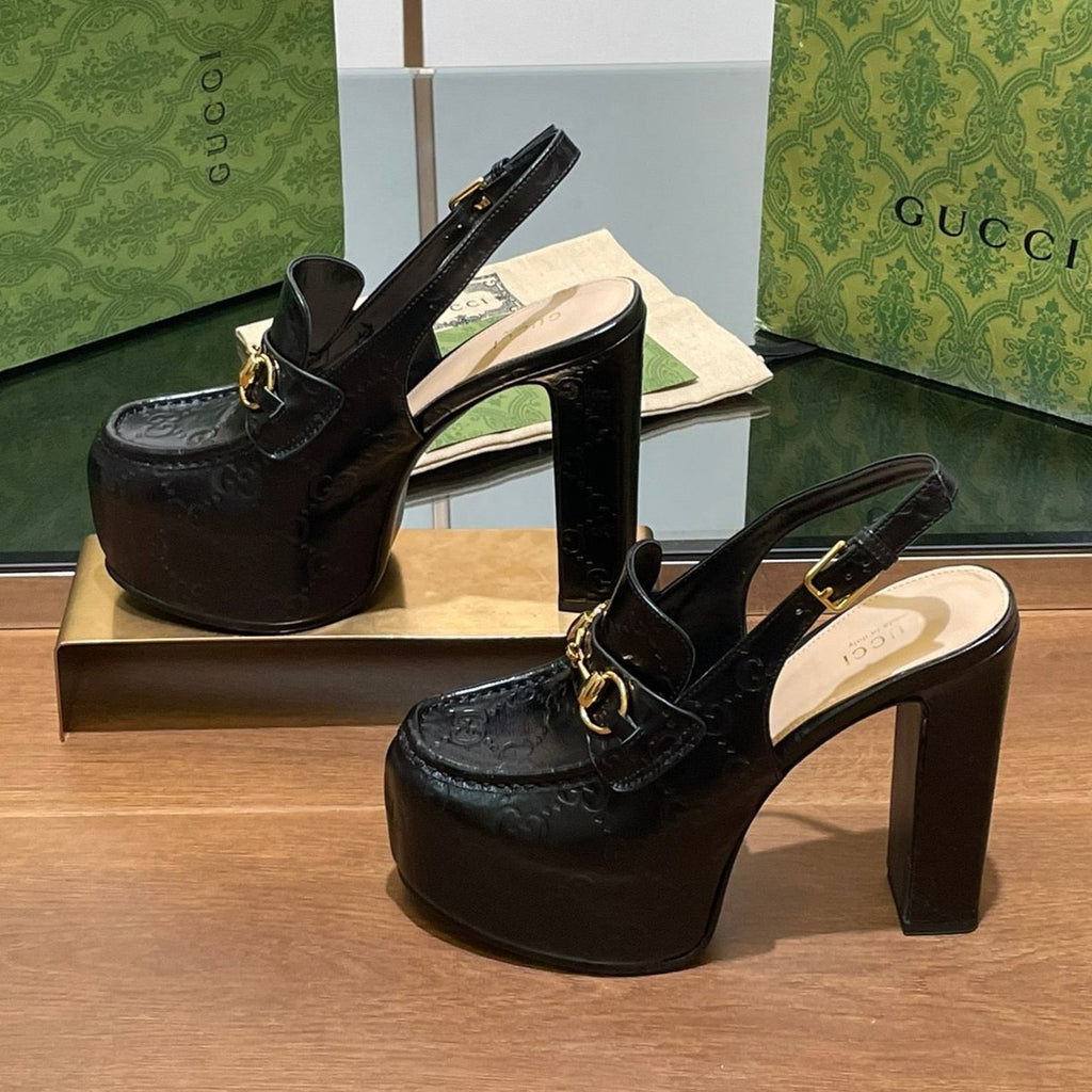 GUCCI WOMEN'S HORSEBIT PLATFORM LOAFER SLINGBACK IN BLACK EMBOSSED CALFSKIN