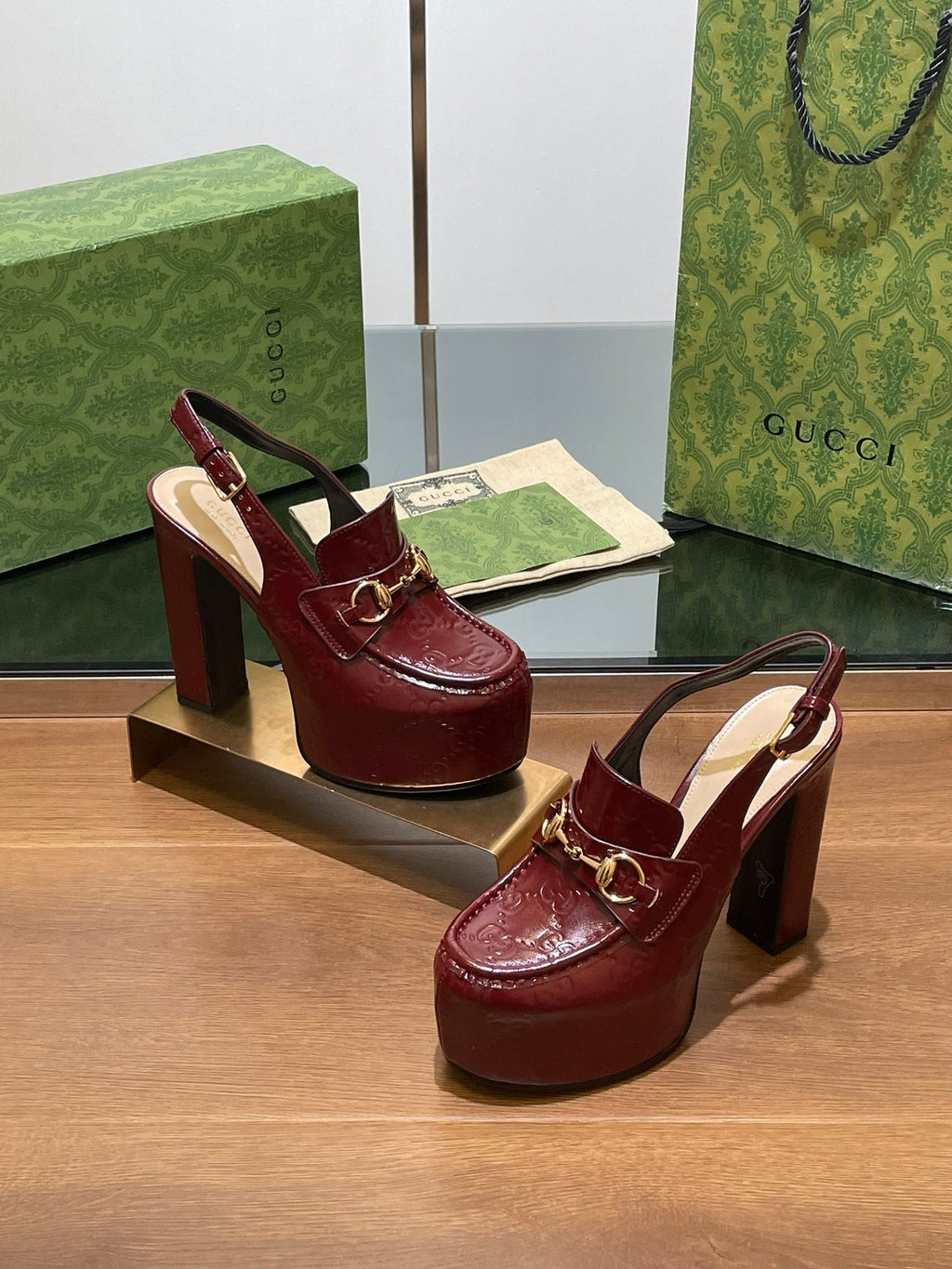 GUCCI WOMEN'S HORSEBIT PLATFORM LOAFER SLINGBACK IN ROSSO ANCORA RED CALFSKIN
