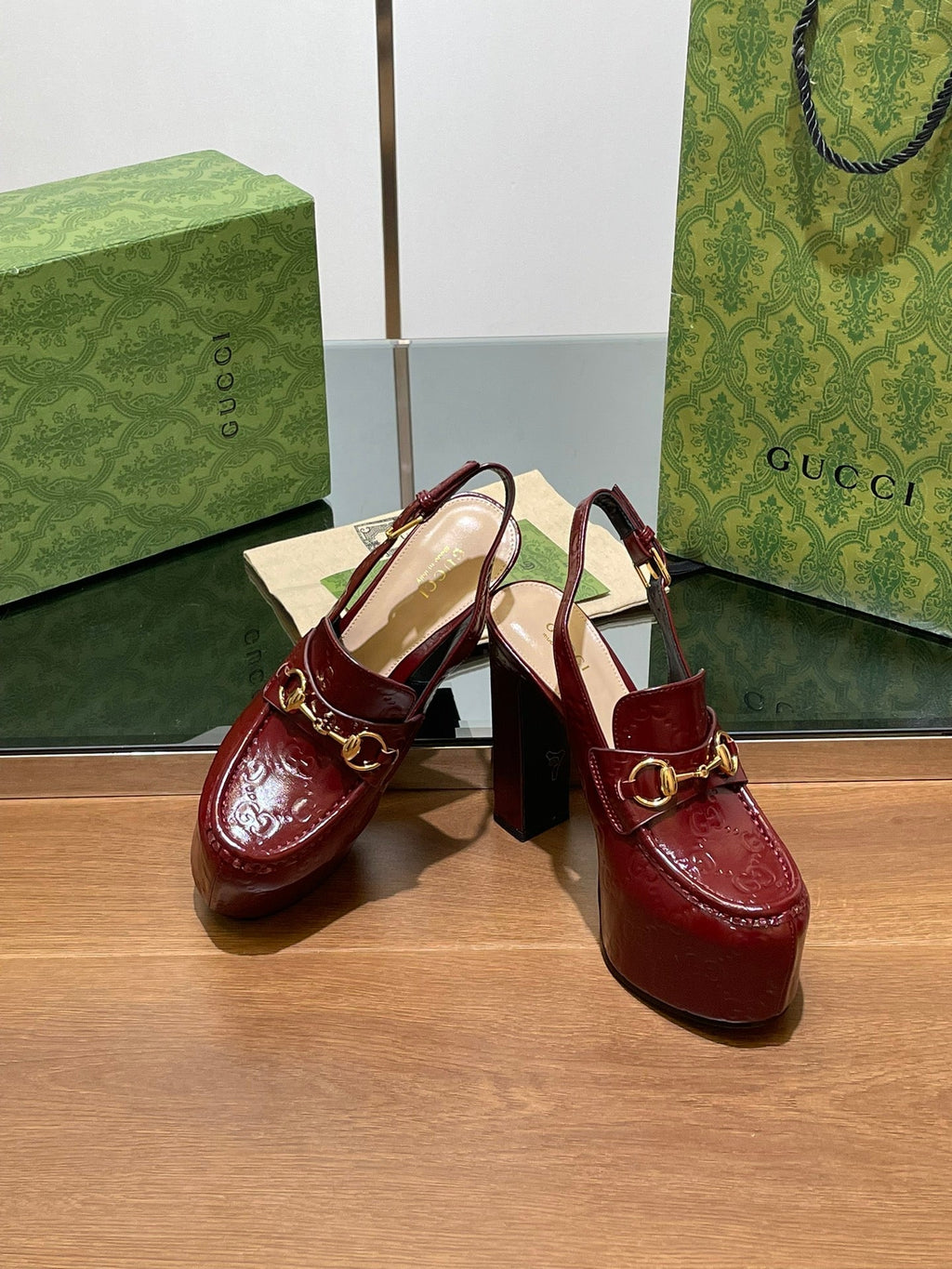 GUCCI WOMEN'S HORSEBIT PLATFORM LOAFER SLINGBACK IN ROSSO ANCORA RED CALFSKIN