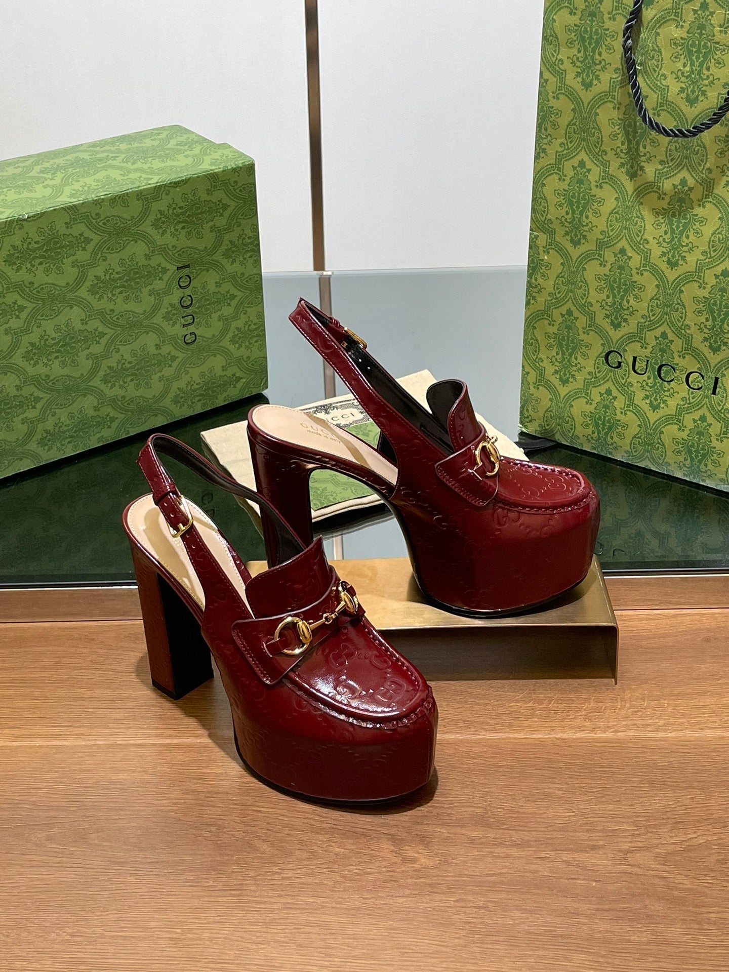 GUCCI WOMEN'S HORSEBIT PLATFORM LOAFER SLINGBACK IN ROSSO ANCORA RED CALFSKIN