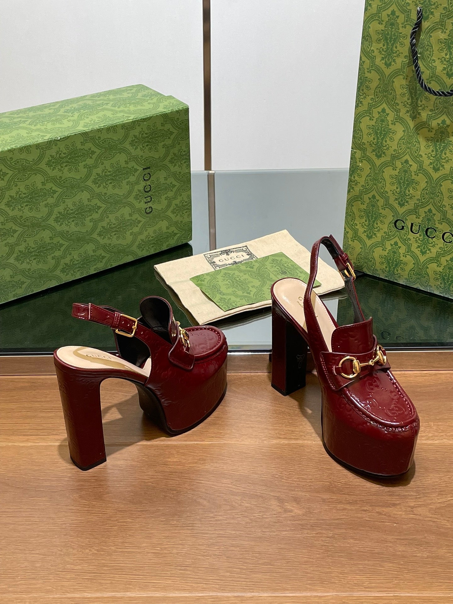 GUCCI WOMEN'S HORSEBIT PLATFORM LOAFER SLINGBACK IN ROSSO ANCORA RED CALFSKIN
