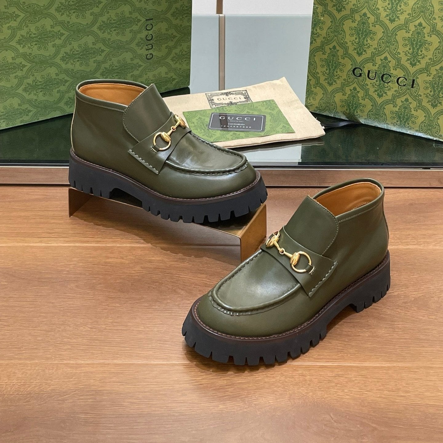 GUCCI HORSEBIT ANKLE BOOTS 4.5CM IN ARMY GREEN CALFSKIN