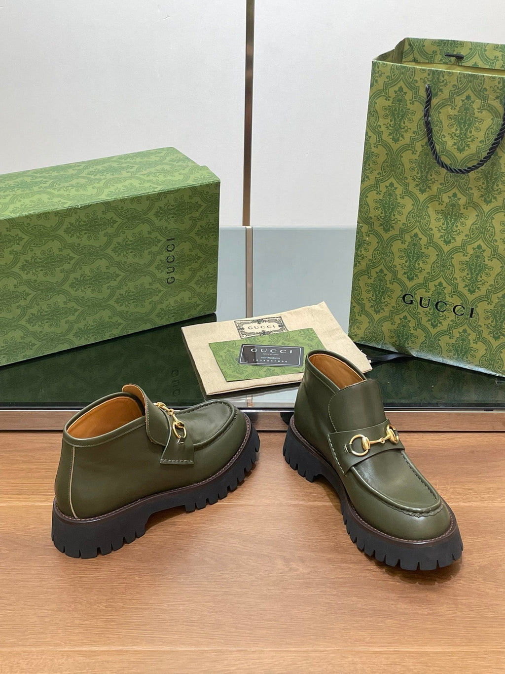 GUCCI HORSEBIT ANKLE BOOTS 4.5CM IN ARMY GREEN CALFSKIN