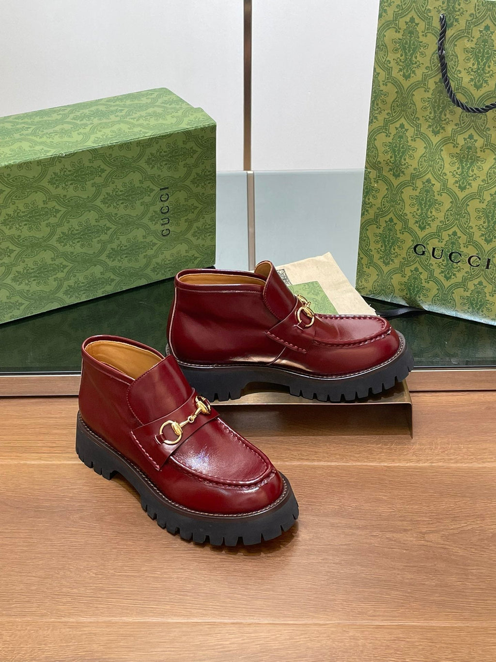 GUCCI HORSEBIT ANKLE BOOTS 4.5CM IN BURGUNDY RED CALFSKIN