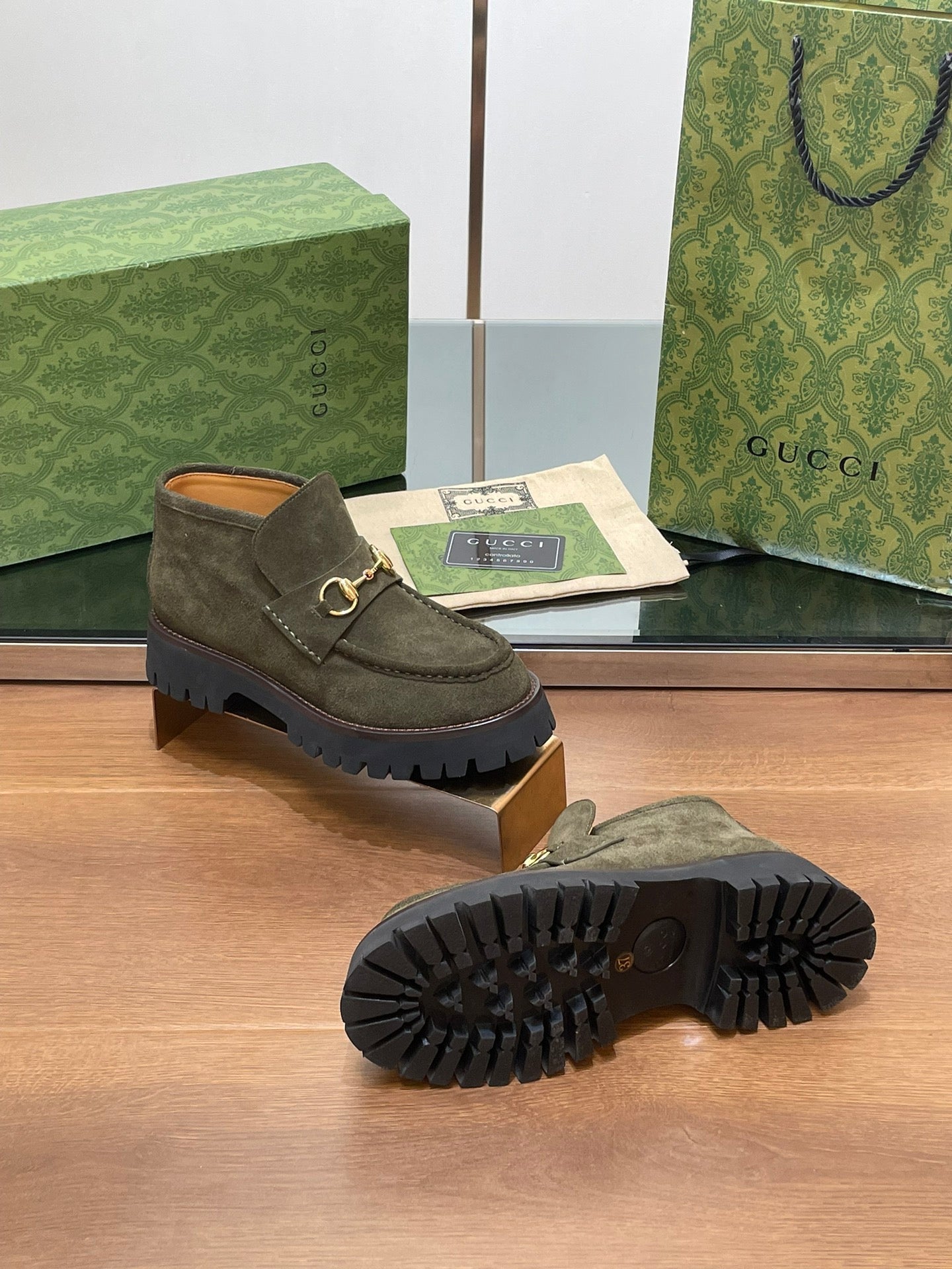GUCCI WOMEN'S HORSEBIT ANKLE BOOTS 4.5CM IN KHAKI GREEN SUEDE