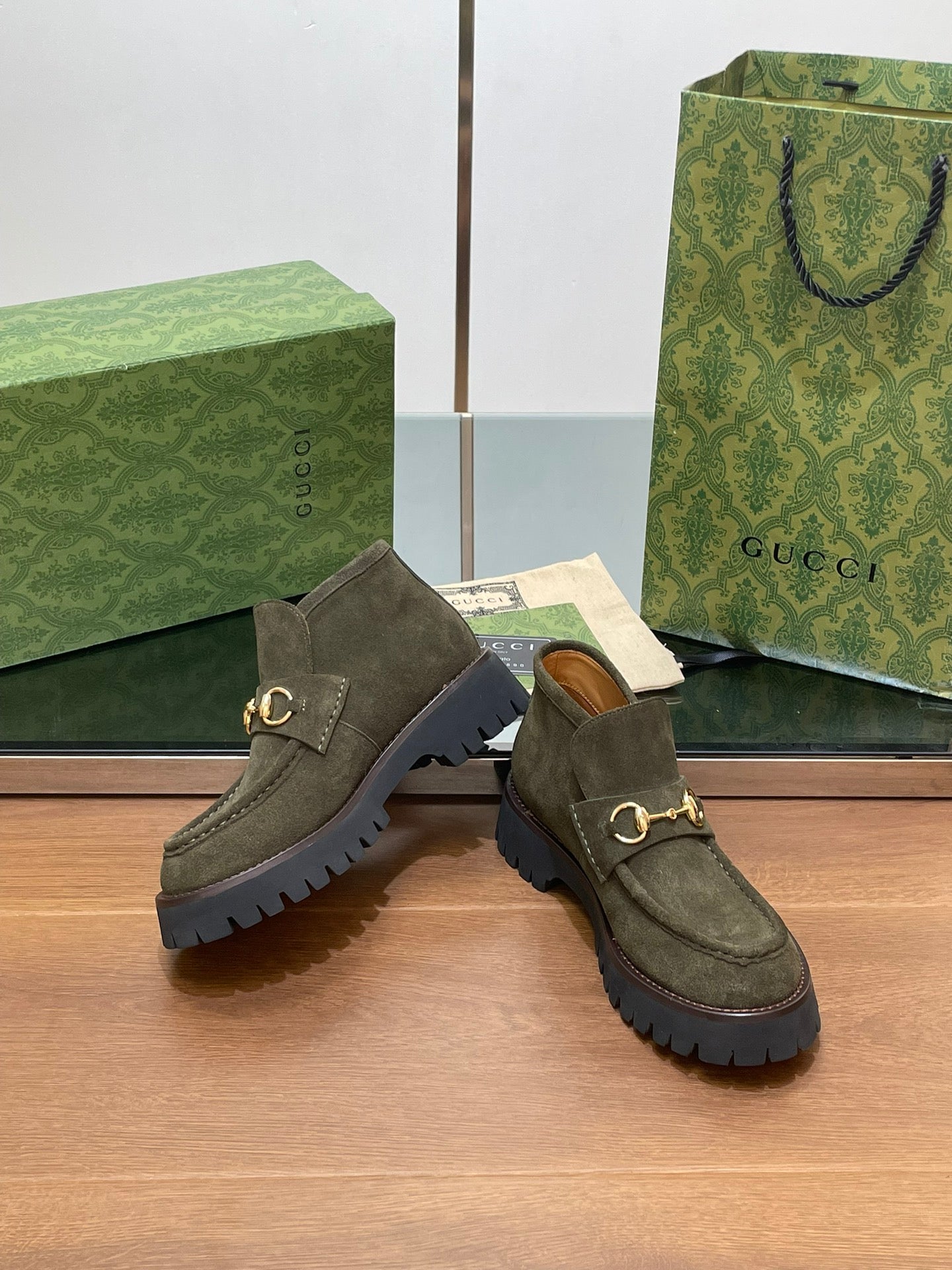 GUCCI WOMEN'S HORSEBIT ANKLE BOOTS 4.5CM IN KHAKI GREEN SUEDE